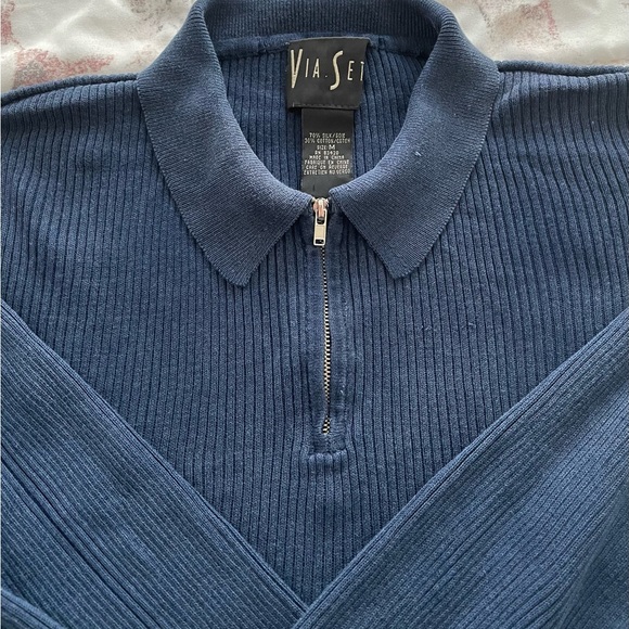 Via Seta silk blend navy blue ribbed collared 1/4 zip sweater, size M Minimalist - Picture 6 of 11